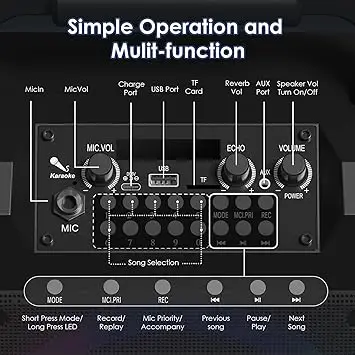 Description Picture 2 of itemPERLEO Adults Kids Portable Bluetooth Karaoke Speaker with Two Wireless Microphones, Bass and Treble for Party/Meeting