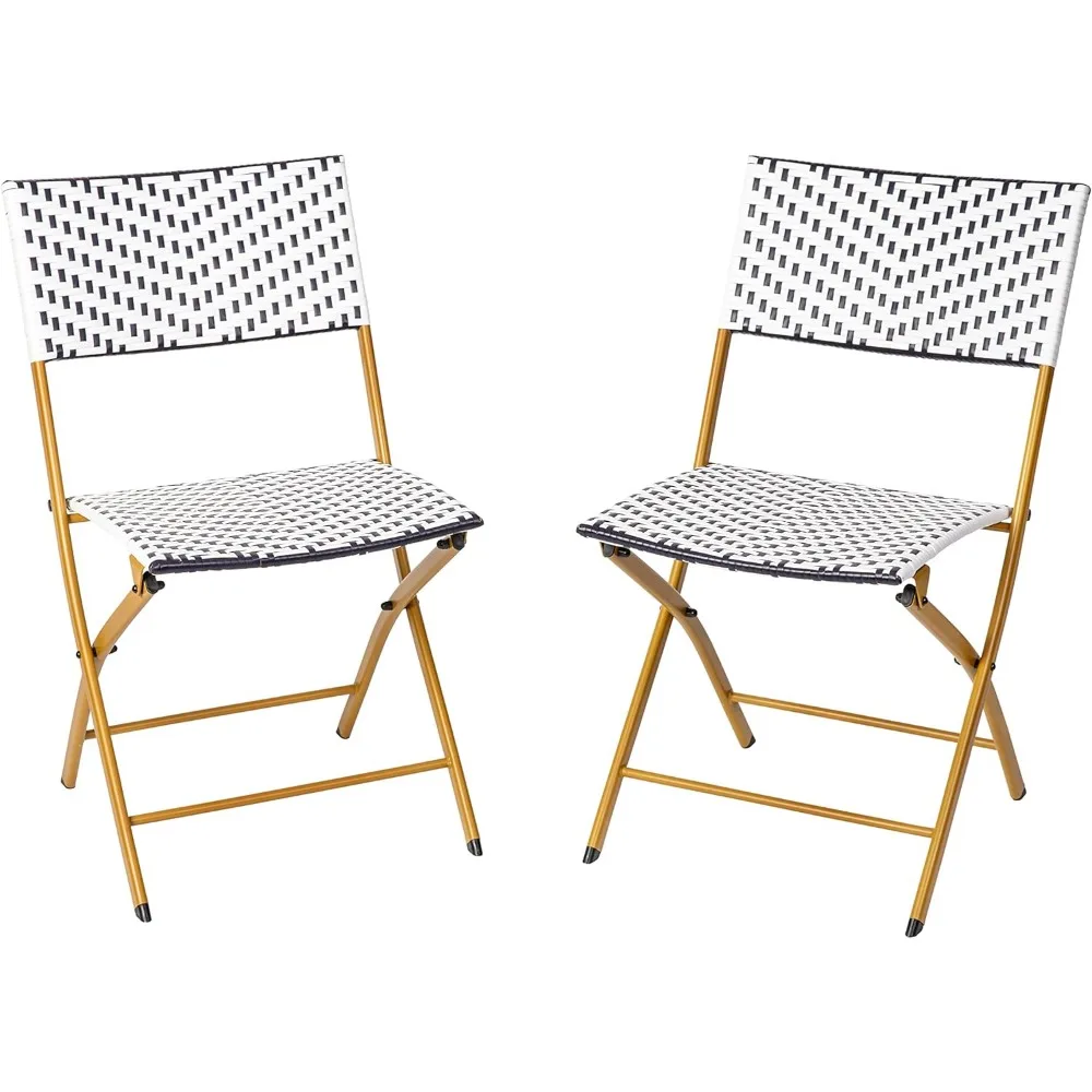 Ciel Two Piece Folding French Bistro Chairs - Navy and White PE Rattan - Natural Finish Metal Frames - Indoor/Outd 3