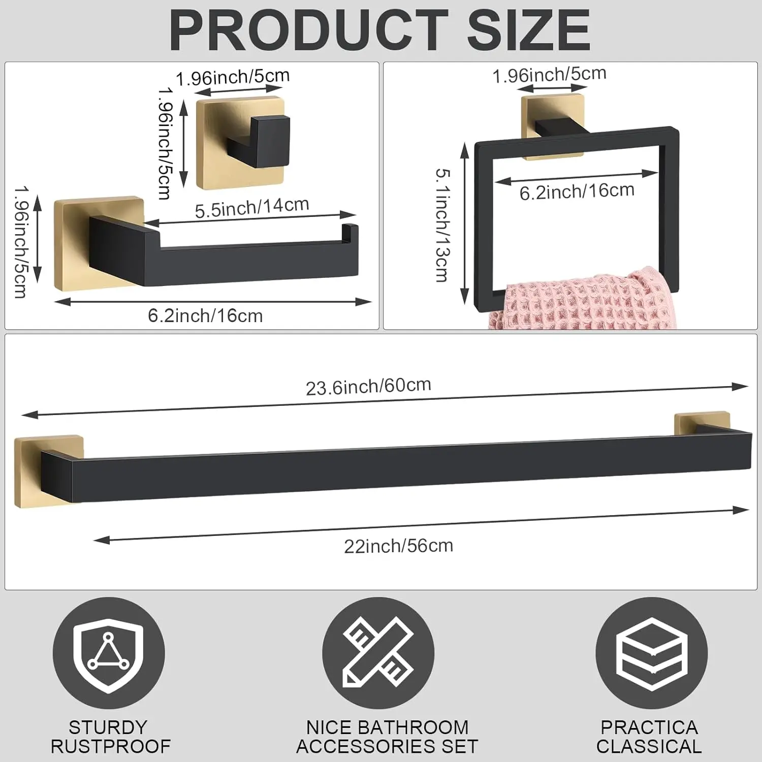 15-Pcs Bathroom Set. 23.6" Towel Bar Kit. Stainless Steel. Racks, Ring, Hooks, Paper Holder. Wall-Mounted. Black/Gold.