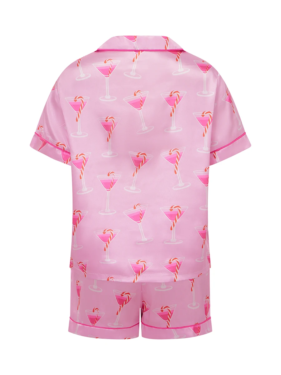 Women s 2-Piece Pajama Set with Fun Cocktail Cups Print Short Sleeve Top and Matching Shorts - Cozy Loungewear for Relaxing