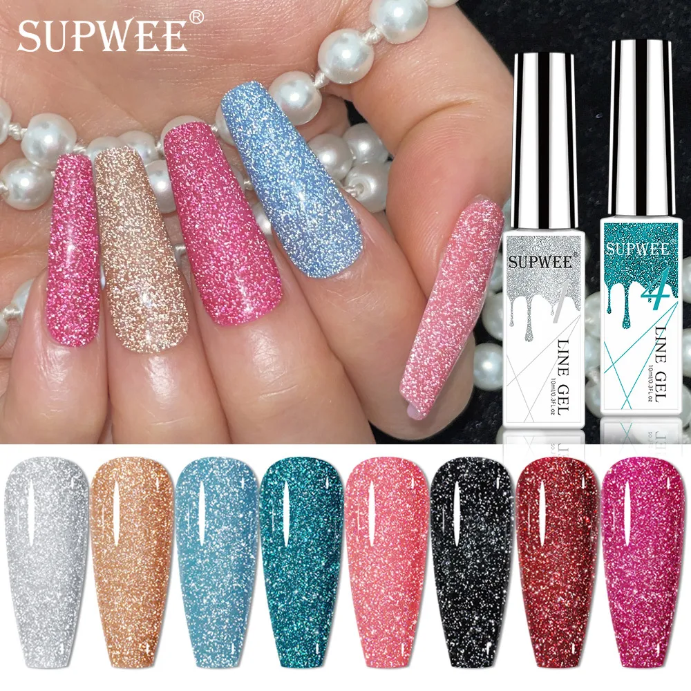 SUPWEE 10ML Reflective Nail Art Line Gel Polish Glitter Sparkling All For Manicure Painting Semi Permanent Soak Off UV/LED Gel reflective glitter nail gel polish 10ml sparkling laser sequins semi permanent soak off varnish aurora led uv nail gel 12 colors