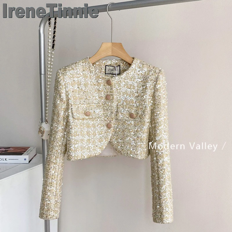 

IRENE TINNIE Woman Spring Vintage French Style Small Fragrance Short Coat Advanced Sense Temperament Tweed Clothes Women Jacket