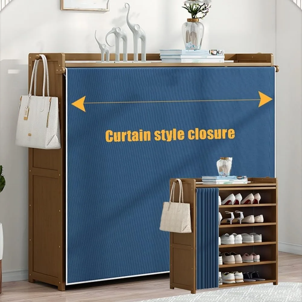 Bamboo Shoe Rack with Door Curtain, Portable Shoe Storage Organiser with 2 Hooks Heightened Bottom Easy Assembly Shelf Organiser
