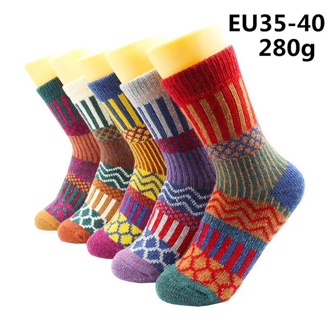 5 Pairs Winter Warmer Women Thicken Thermal Wool Cashmere Snow Socks Fashion Casual Euramerican National Wool Socks for Women 5 Pairs -YM010