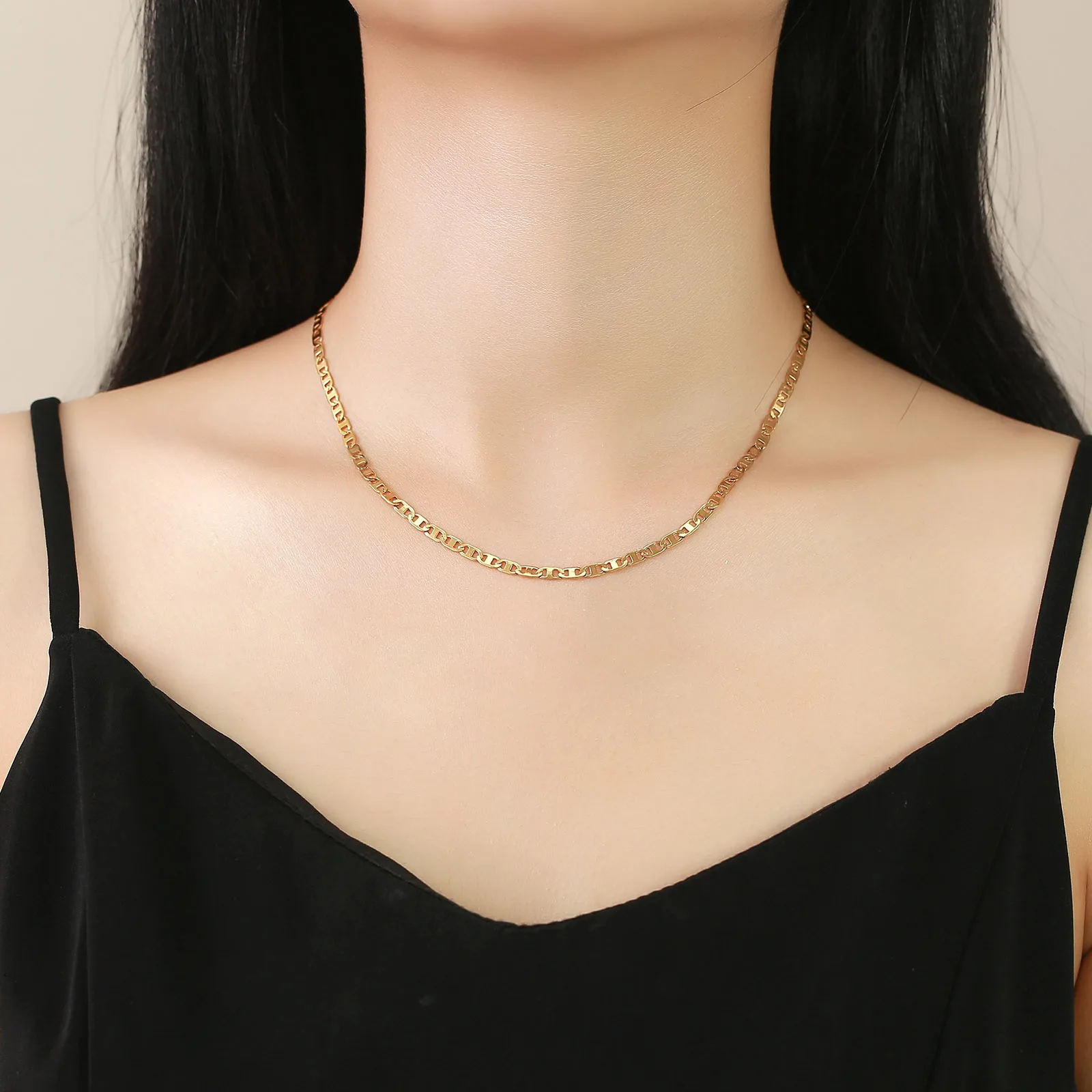 Vnox Womens Flat Mariner Chain Necklace, Gold Color Stainless - Main Image