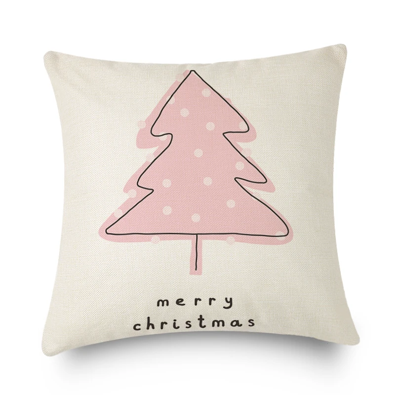 Pink Print Linen Throw Pillowcase Sofa Decorative Merry Christmas Snowflake Xmas Tree Cushion Cover Home Holiday New Year Decor