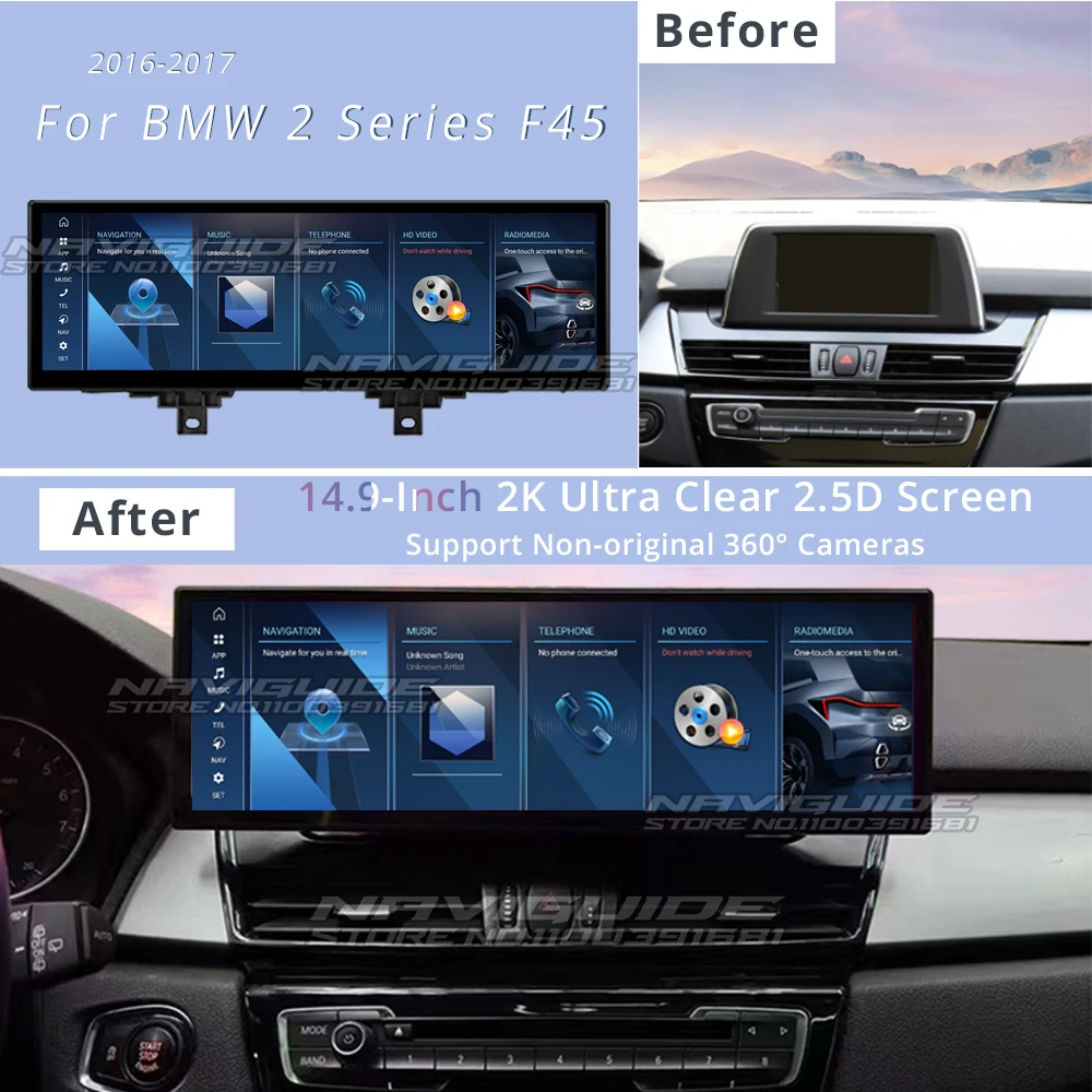 NAVIGUIDE 10.25'' 14.9'' Android 13 Carplay Auto Car Multimedia Player For BMW 2 Series F45 LHD NBT System GPS 4G Wifi Bluetooth