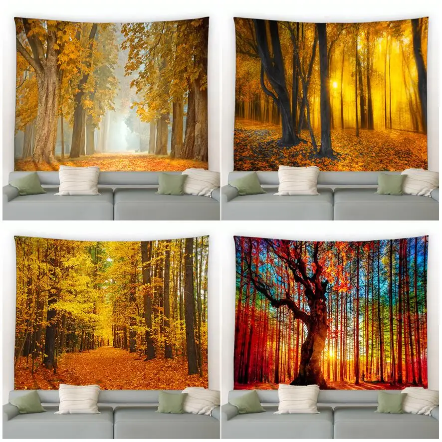 

Autumn Forest Landscape Tapestry Maple Tree Yellow Fallen Leaves Plant Nature Scenery Garden Wall Hanging Home Living Room Decor