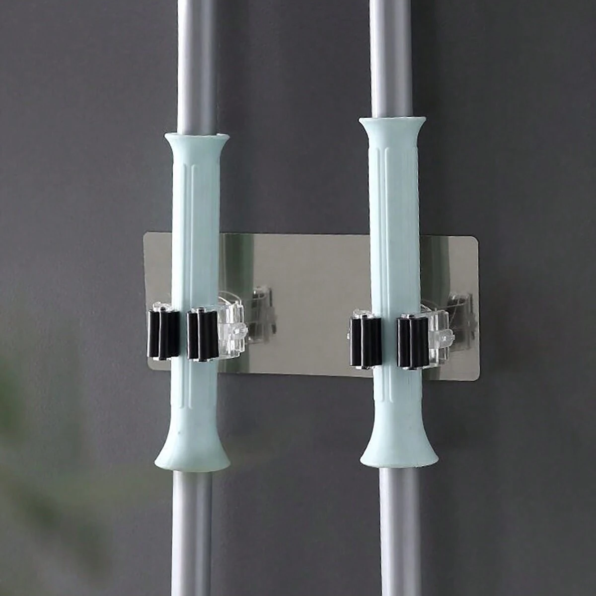 Dual hole self-adhesive mop holder, wall mounted mop and broom storage