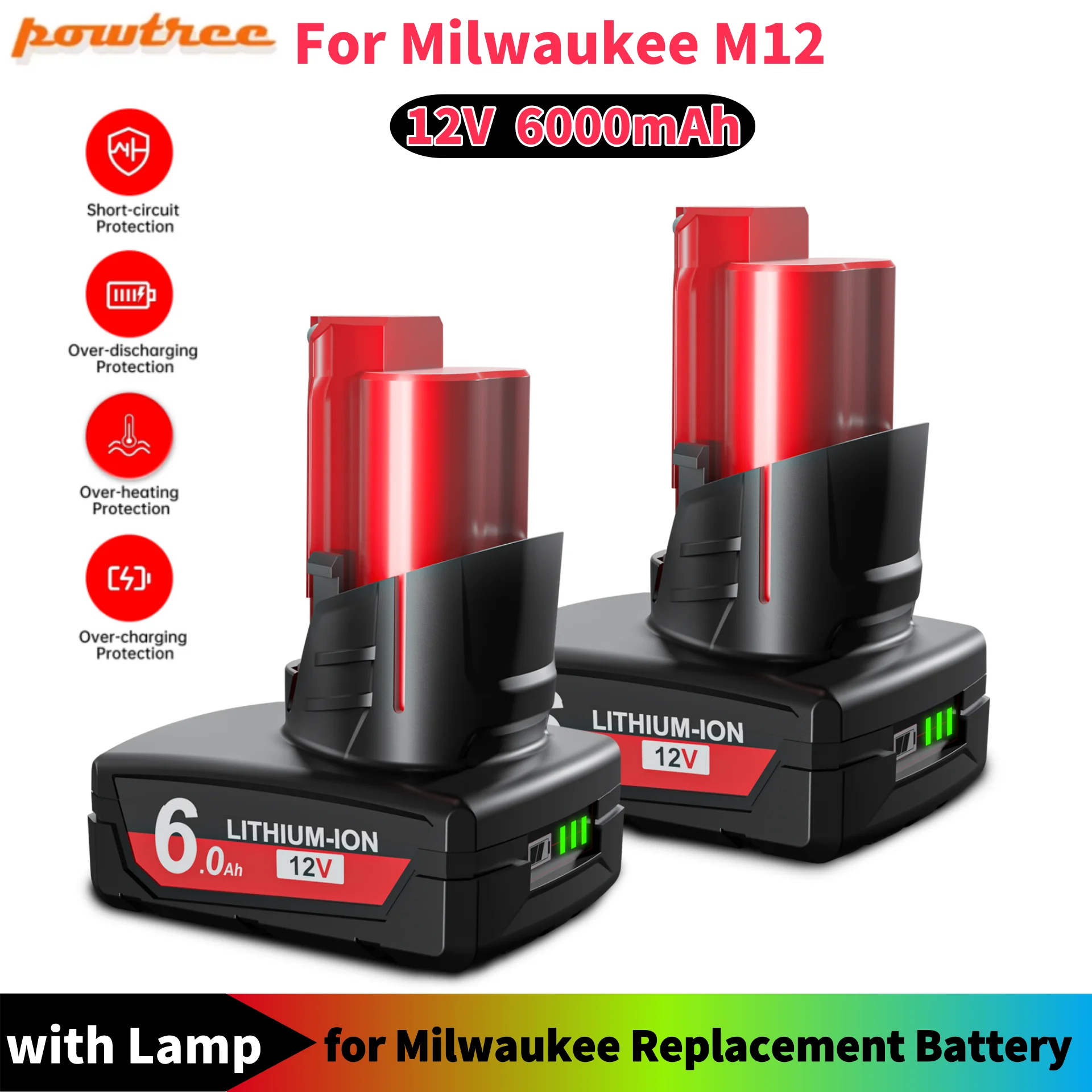 Rechargeable Battery 12V 6.0Ah with Light for Milwaukee M12 Battery M12 Tool 48-11-2402 48-11-2411 48-11-2401