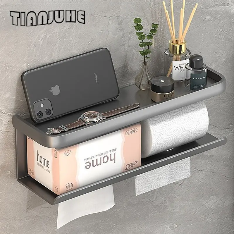 

Black Paper Towel Holder Wall Mount for Kitchen Bathroom Paper Towel Holder with Shelf Aluminum