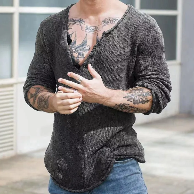 Men's Spring and Autumn Pullover V-neck Wool Thin Sweater