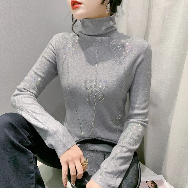 MadBlack European Clothes Sweater Women Turtleneck Bowtie Hot Drill Slim Knitwear Long Sleeve Pullover Autumn Winter T39974JC