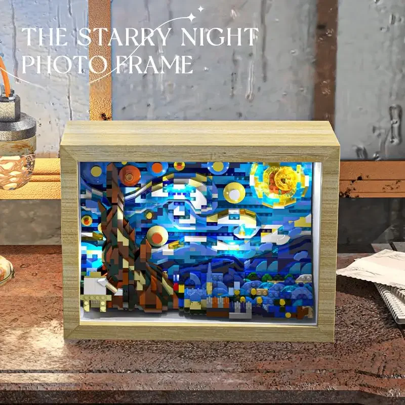 1259PCS 빌딩 블록 별이 빛나는 밤 빈센트 반 고흐 사진 프레임 모델 어린이를위한 교육 장난감 Collectible Christmas Gift