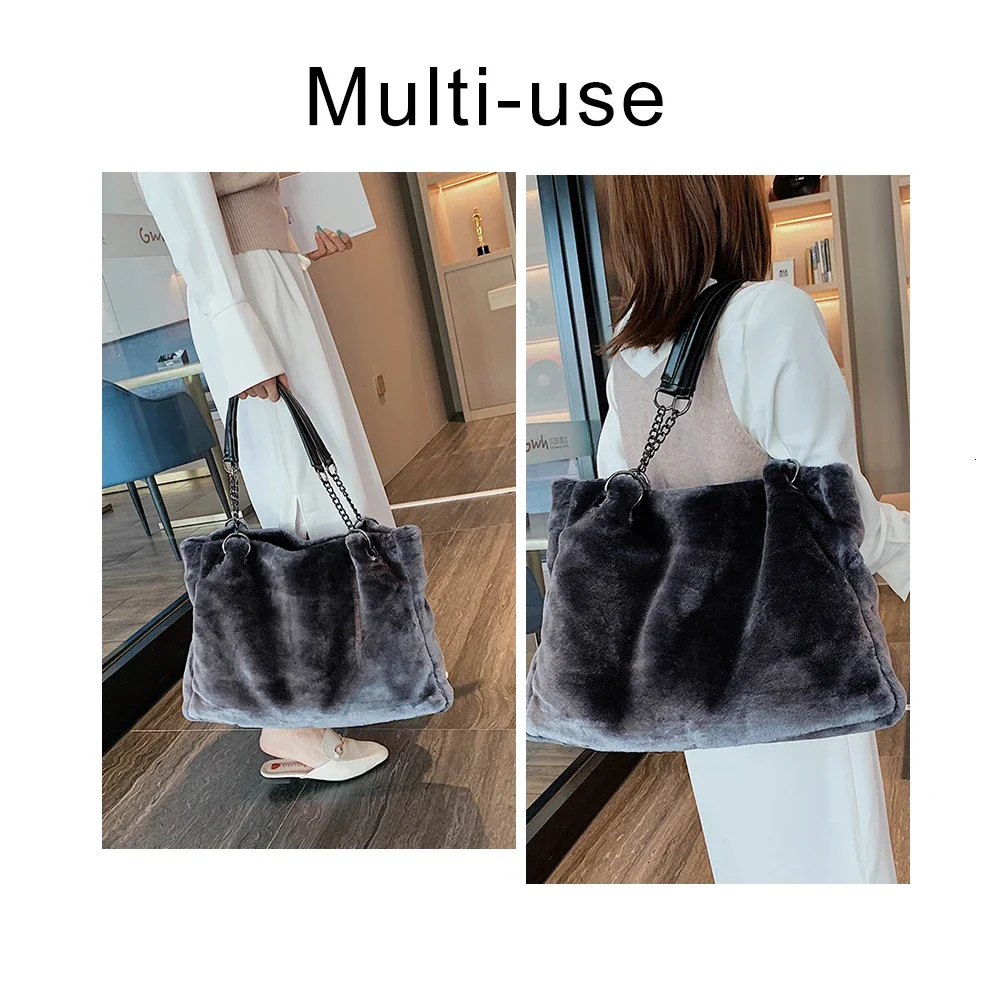 HISUELY Faux Fur Tote Bag Winter Plush Women Shoulder Bag Casual Lady Handbag Female Chain Larger Capacity Travel Shopping Bag
