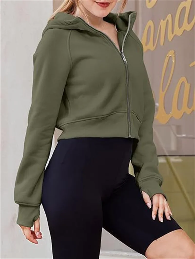 Women New Zipper Cardigan Solid Color Short Hoodie Autumn Winter Thickened Warm Hooded Sweatshirt Female Casual Sports Outerwear