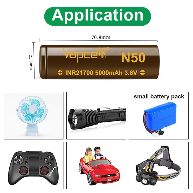 오리지널 고성능 Vapcell N50 INR 21700 5000mAh CDR 15A 3.6V 충전식 배터리 저저항 셀 (손전등용)