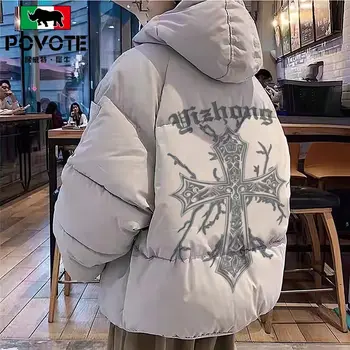 Y2K Autunno E Inverno Nuova Stampa Geometrica Con Cappuccio Imbottito In Cotone Vestiti di Strada Coreano Casual Joker Giacca Imbottita In Cotone Da Uomo 1