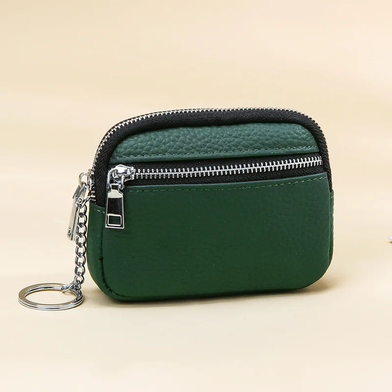 Genuine Leather Lady Coin Purse Keychain Mini Top Layer Cowhide Contrasting Zipper Small Wallet Women's Coin Storage Zero Wallet