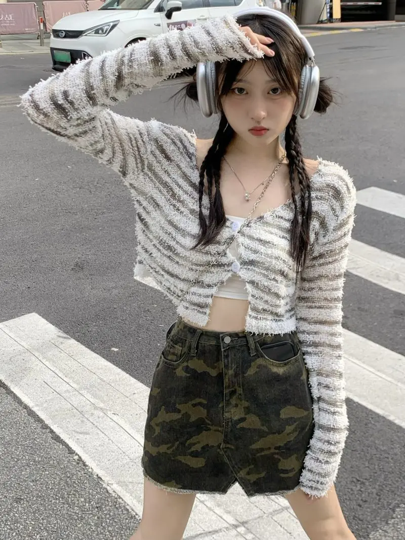 

Y2k Harajuku женские футболки Grunge эстетические укороченные топы, прозрачные полосатые винтажные топы, трикотажные дымчатые футболки для девочек