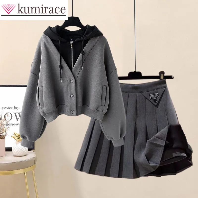 

2023 Autumn New Plush and Thick Patchwork Hoodie Jacket Pleated Mini Skirt Two-piece Elegant Women's Skirt Set Outfits