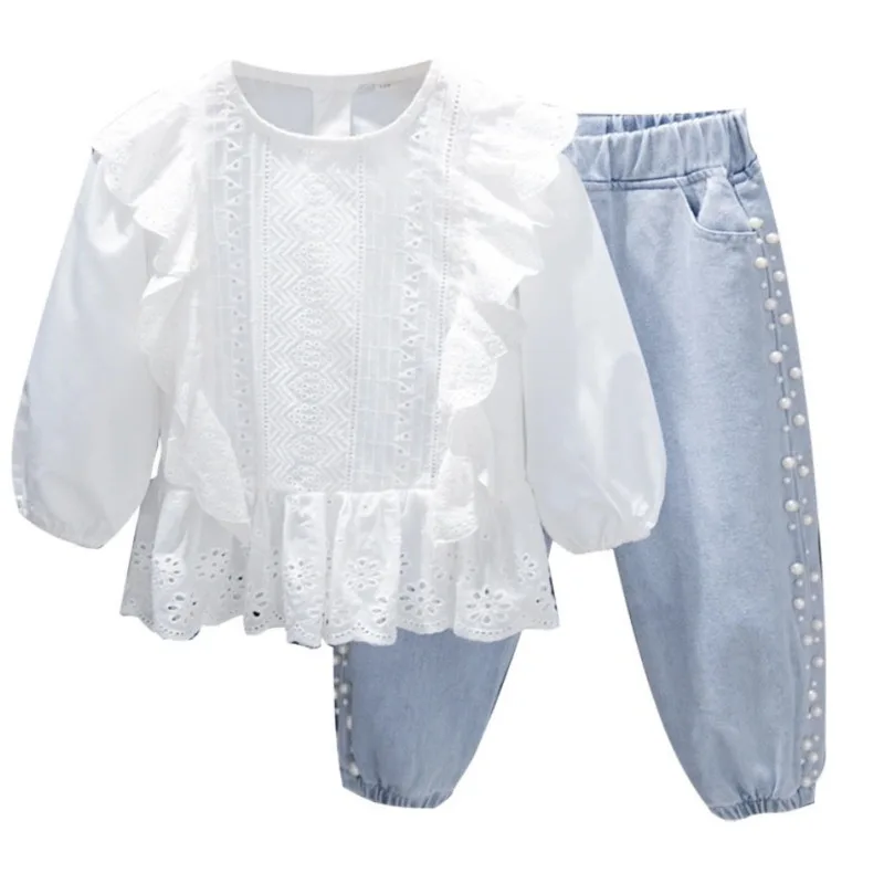 

Spring Autumn New Girls' Suit Lace Tops Shirt Fashionable Jeans Casual Children Clothing Set Blouse Baby Girl Clothes
