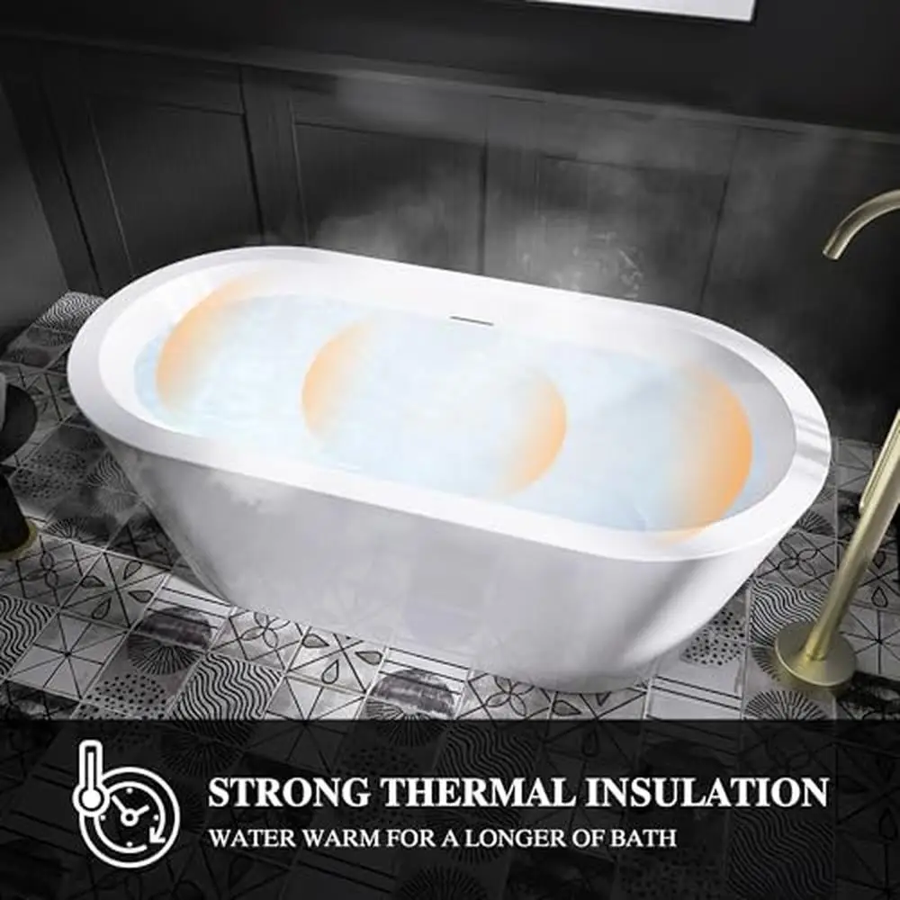 61" White Acrylic Freestanding Tub cUPC Certified Integrated Overflow and Drain Ergonomic Design High Load Capacity Easy 4