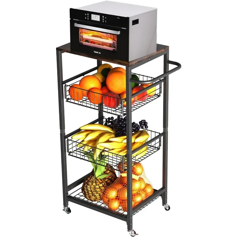 

Kitchen Cart on Wheels 4-Tier Rolling Metal Storage Microwave Rack with Wooden Shelf Lockable Utility with Mesh Baskets US