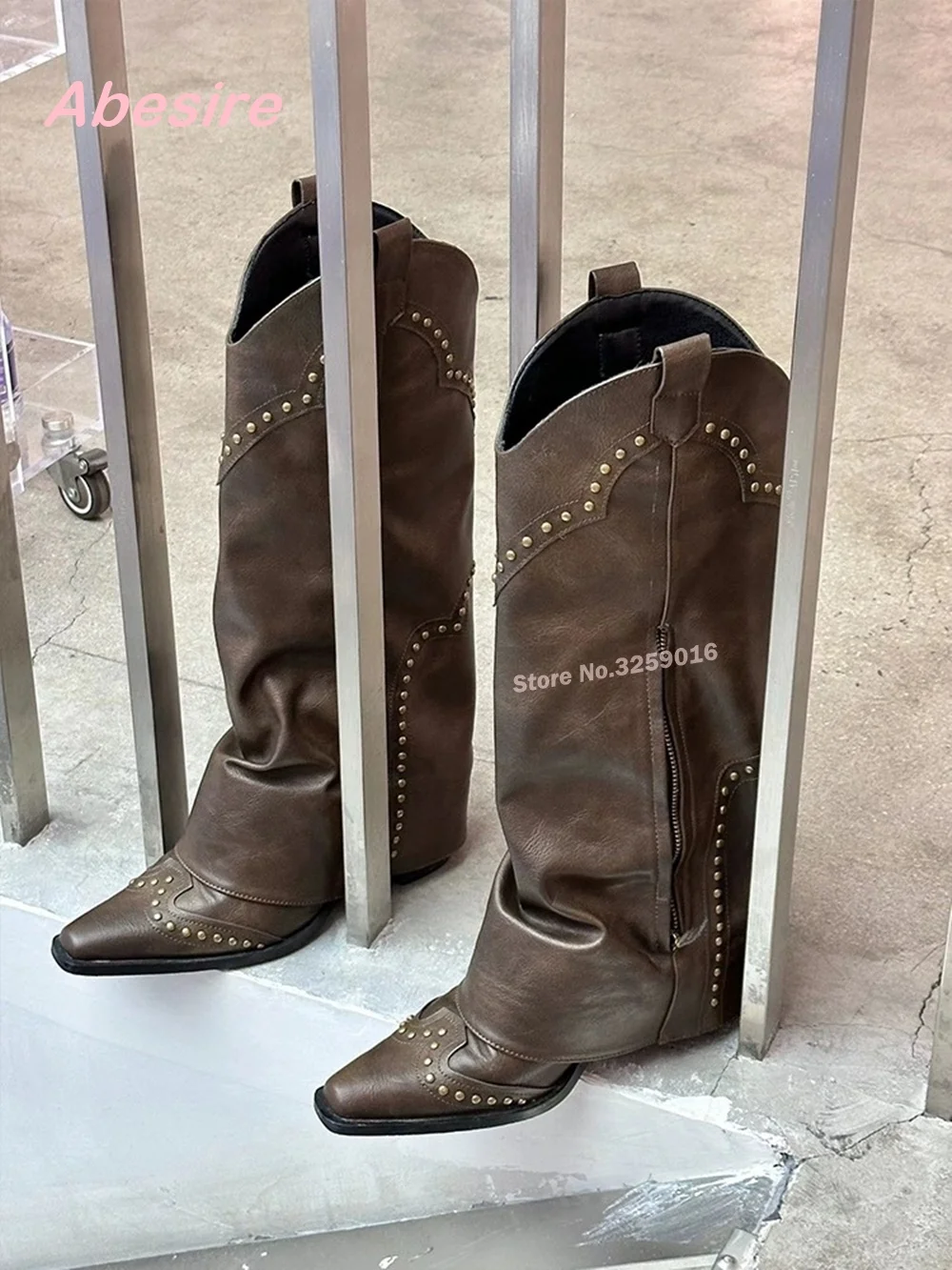 

Newest Retro Pointed Toe Western Boots Side Zipper Women's Brown Riveted Trouser Sleeve Boots Chunky Heels Winter Casual Shoes