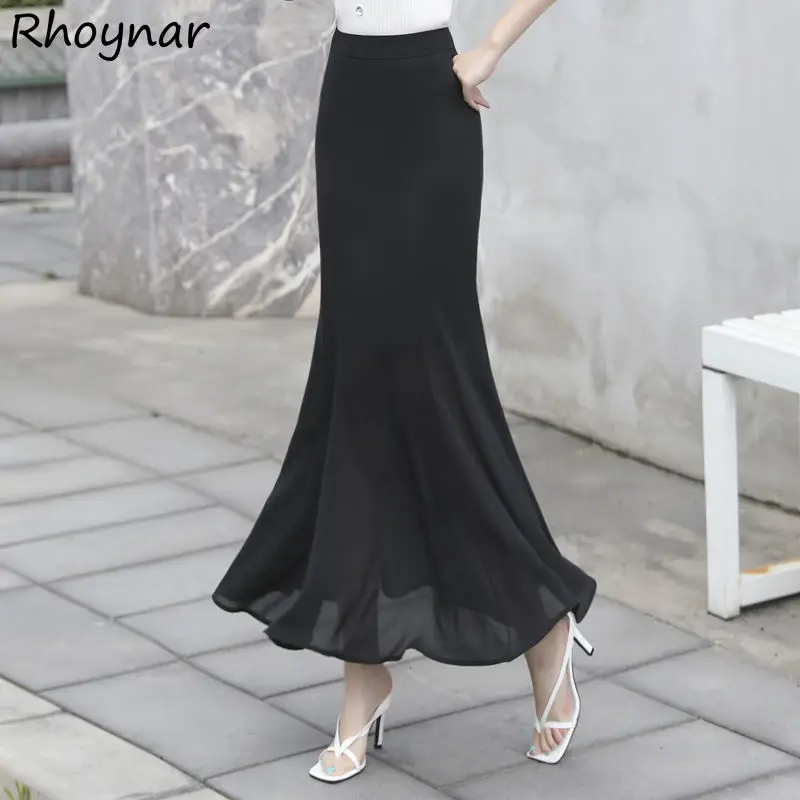 

Midi Skirts Women Trumpet Vintage Sexy Thin Summer Elegant Basic High Waist Designed Ruffles Sweet Literary Floral Faldas Chic