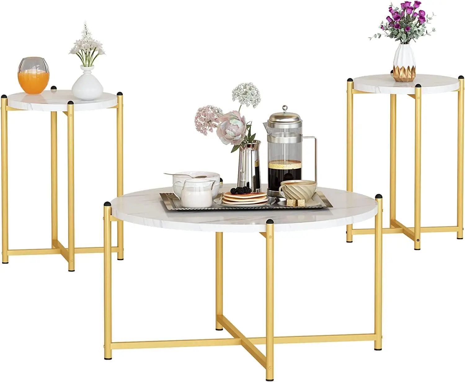 Coffee Table Set of 3 Include Coffee Table & 2pcs Side Table Living Room Sets Faux Marble Tabletop and Metal Frame