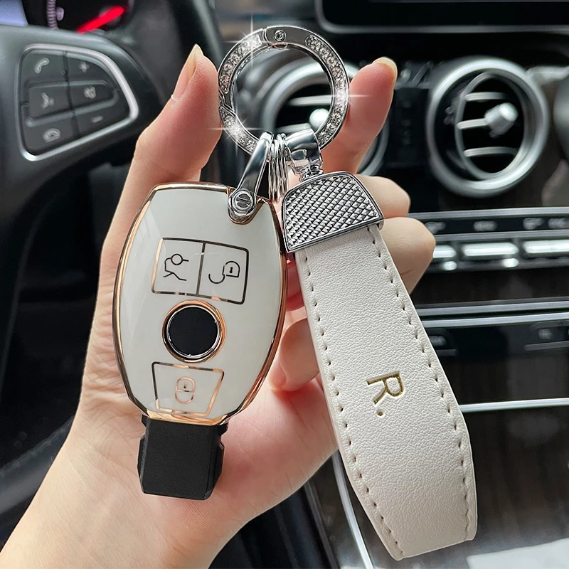 Фото Кожаный блестящий чехол-брелок из ТПУ для автомобильных ключей для Mercedes Benz C Class W204 GLC260 C200, CIA GLA W205 W212 C S E Class №1