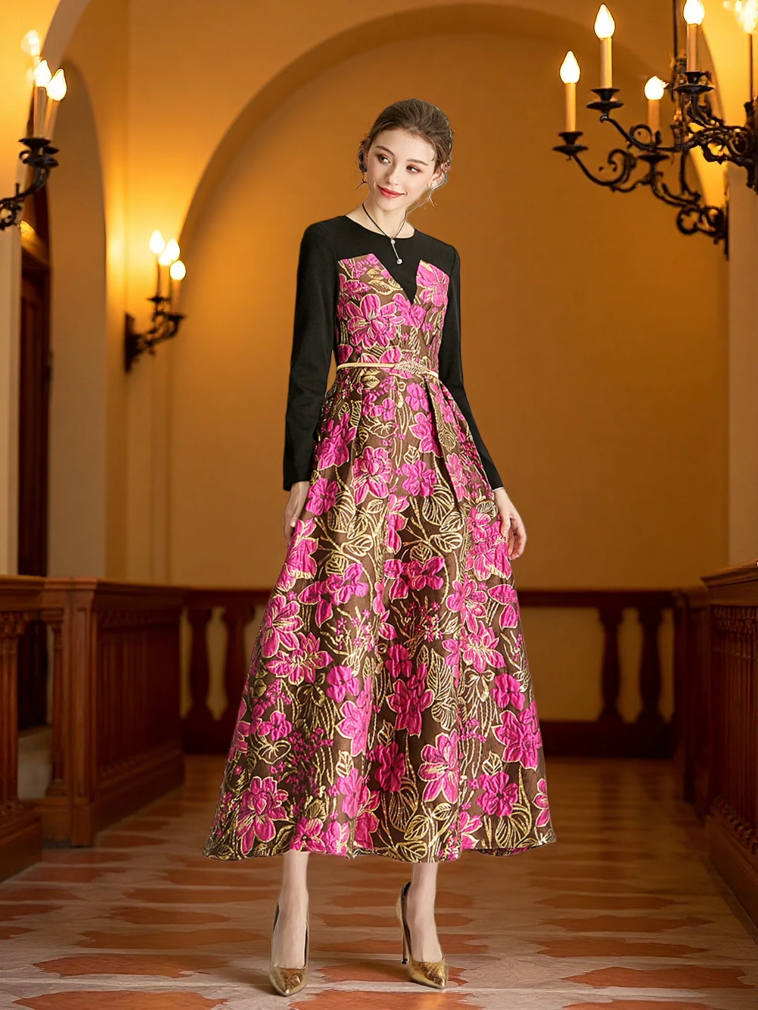 Elegant Women Long Maxi Jacquard Dress New Party Evening Spliced Spring  Autumn Vintage Floral Ball Gown - AliExpress 200000345