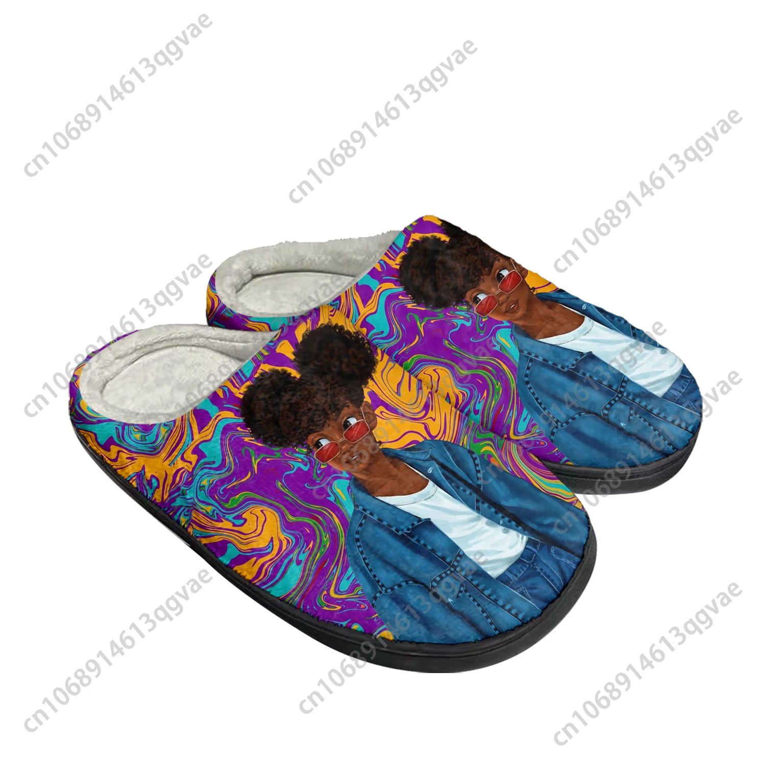 African Woman Black Home Cotton Custom Slippers Mens Womens Sandals Plush Bedroom Casual Keep Warm Shoe Thermal Slipper Black