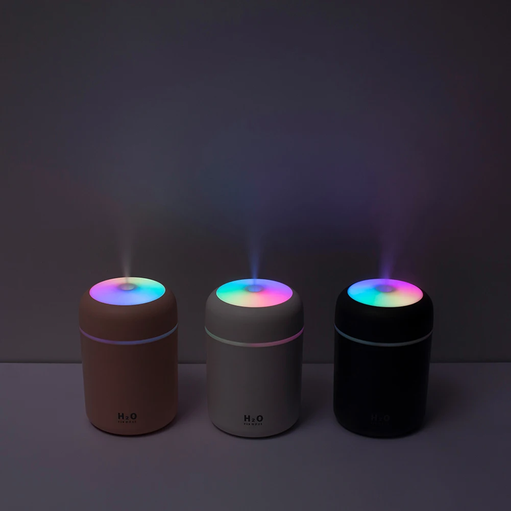 다채로운 조명이 있는 휴대용 공기 가습기, 미니 USB 청정기, 아로마 오일 디퓨저, 자동차 가정 침실용, 300ml