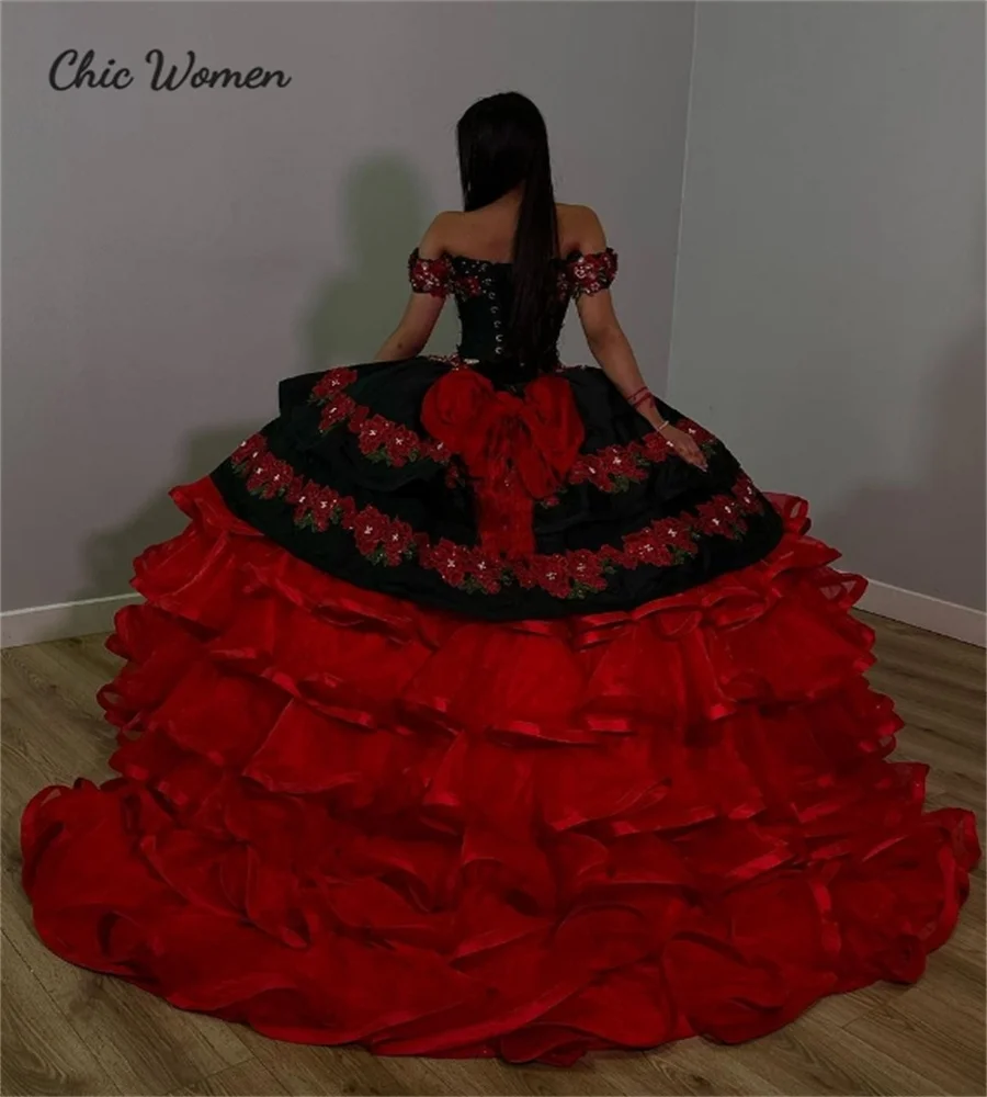 

Винтажное платье в мексиканском стиле Charro Quinceanera 2023, оборки из органзы, цветы, бусины, Пышное Платье на день рождения, 15 лет, готическое платье