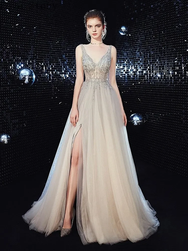 

Elegant Graduation Prom Dress for Women V-neck Party Evening Gowns Robe Luxury Classic Illusion Gowns Formal Occasion Dresses