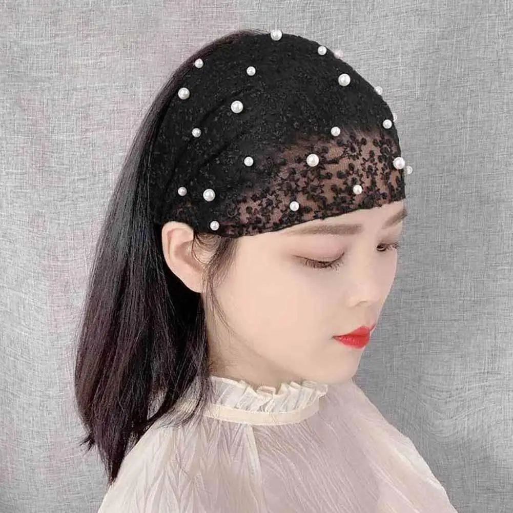 Korean Pearl Wide-brimmed Hair Band Hair Cover Women's Bandage Turban Headband Mesh Artifact Hair Grenadine Washing Headwea H9R7 women beach tie waist sheer mesh stripes cover up top m white