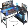Small Gaming Desk with Power Outlets,42 L Shaped LED Computer Desk with Stand Reversible Shelves,Corner Gamer Desk 1
