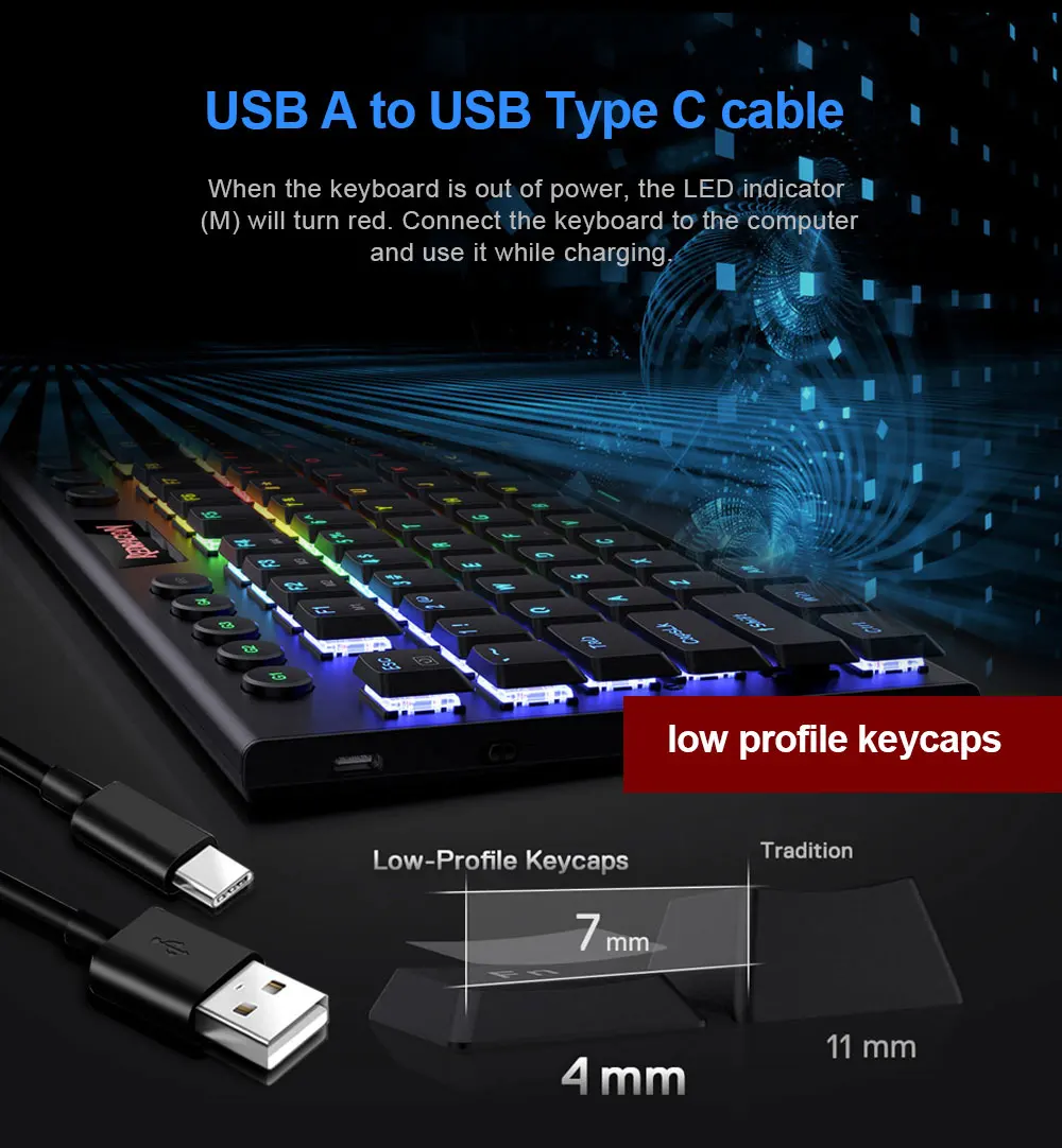 Redragon Yi K625P KB RGB USB Mini Slim Ultra-Thin Designed Wired Mechanical Gaming Keyboard Red Switch 94 Keys