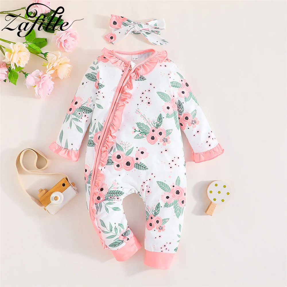 

ZAFILLE Pink Floral Print Baby's Rompers Ruffle Zipper Jumpsuit For Newborns Girls Clothing Cute Toddler Baby Clothes Girls Set