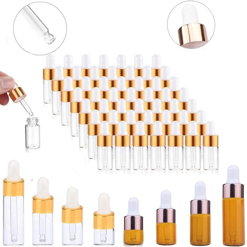 

100pcs 1ml/2ml/3ml/5ml Clear/Amber Mini Glass Dropper Bottles Portable Sample Vials with Glass Eye Dropper for Essential Oils