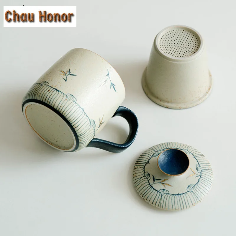 430ml Retro Blue And White Flint Red Filter Tea Separator Cup Pure Hand-painted Green Bamboo Office Work Cup Coffee Mug Drinking