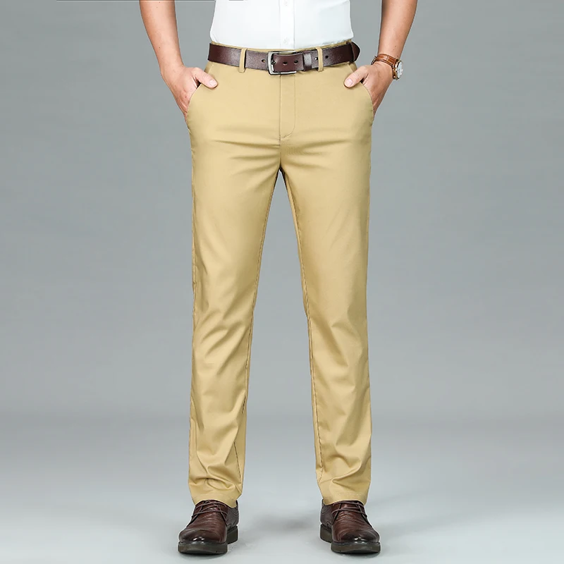 Bamboo Fiber Business Casual Pants Men's Summer Thin Loose Straight Stretch Breathable Gentleman Formal Wear Oversized Trousers