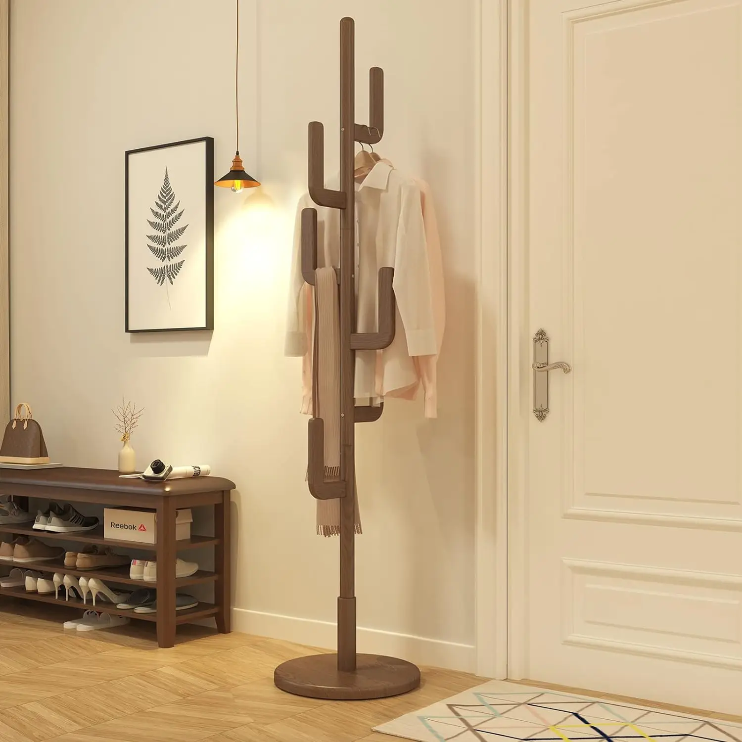 Coat Rack,Adjustable Height Wooden Coat Rack Stand with 6 Hooks,Bedroom,Coats,Bags
