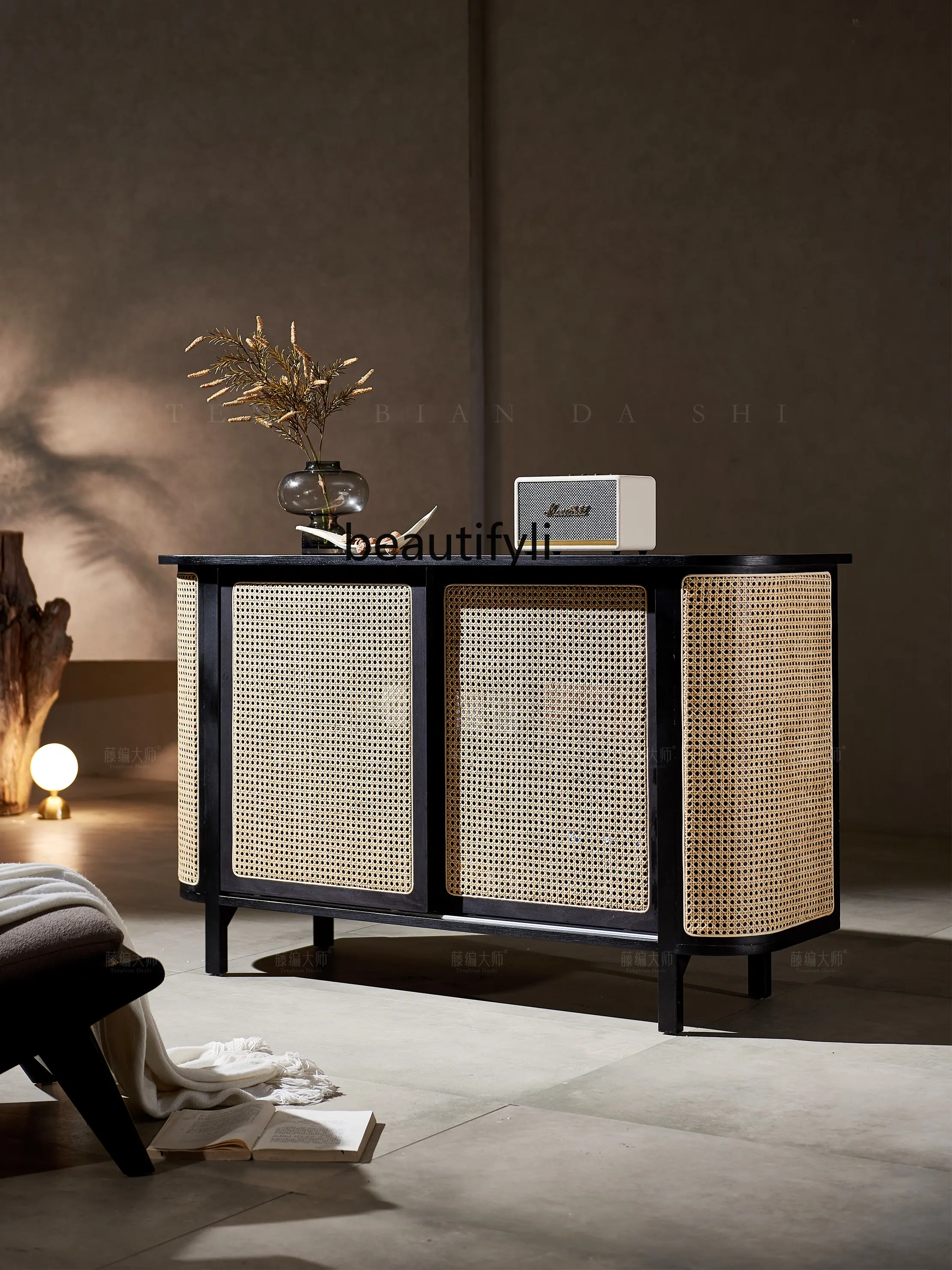 

Nordic Solid Wood Sideboard Sliding Door TV Cabinet Storage High Cabinet Rattan Storage Entrance Cabinet
