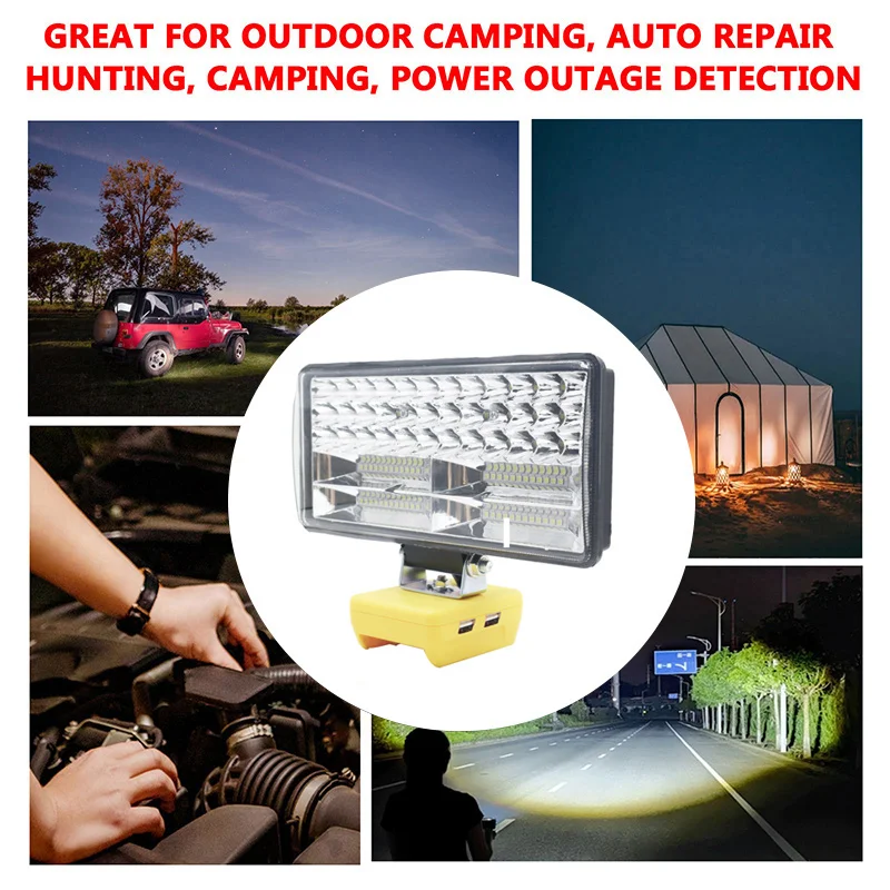 Car LED Work Light Flashlight Electric Torch Spotlight USB Power Bank For DeWalt 18V 20V Li-ion Battery High Low Ceam Control