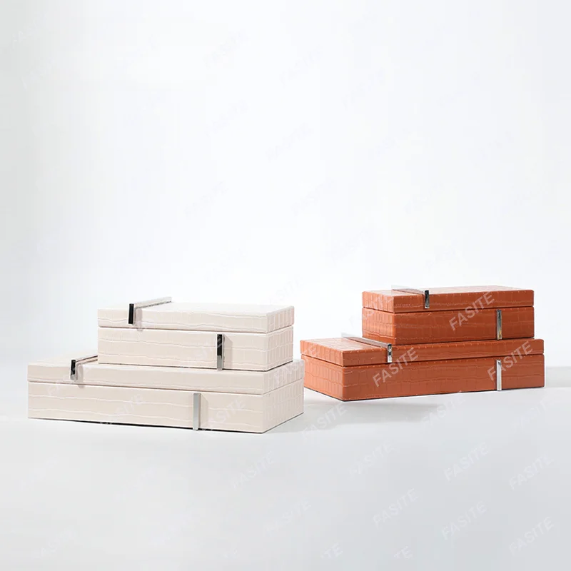 

Modern luxury plaid leather metal jewelry box desktop jewelry box home storage box model room