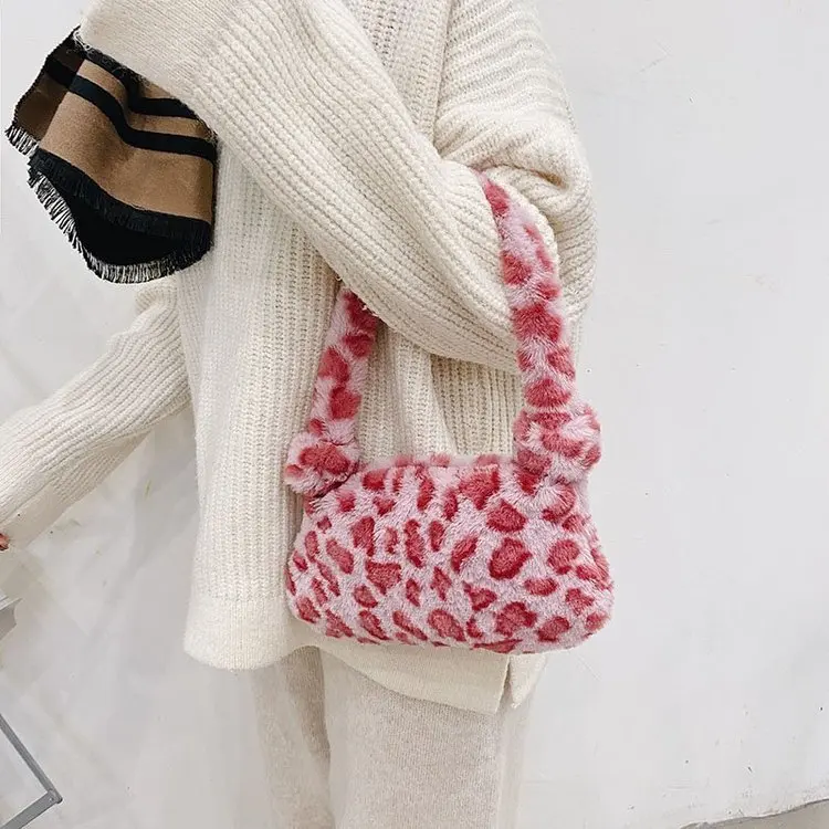 

Women's Winter Plush Underarm Handbag Fashion Leopard/Cow/Zebra Pattern Fluffy Underarm Bag Females Shoulder Bag Phone Bag