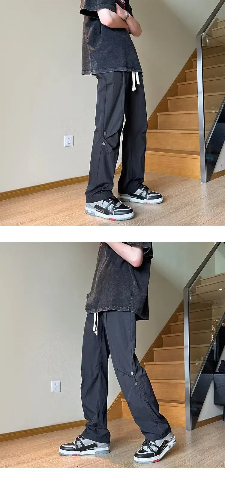 Description Picture 6 of item2024 Spring Straight Casual Pants Streetwear for Men Wide Leg Solid Color Cargo Pants Elastic Waist Harajuku Men's Pants